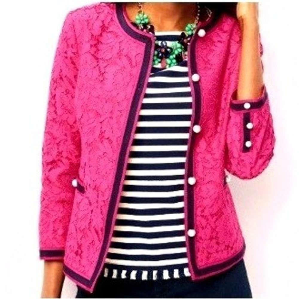 RSVP TALBOTS Women's 8 Petite Pink Floral Corded Lace Pearl Button Blazer Jacket